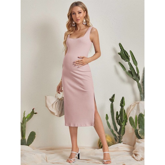 Maternity Split Thigh Rib knit Dress pink - Picture 4 of 10